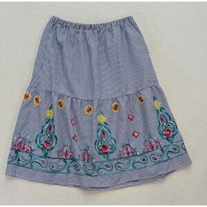 Magic Women's Skirt Size L A-line Blue Stripped Floral Embroidered Elastic Waist
